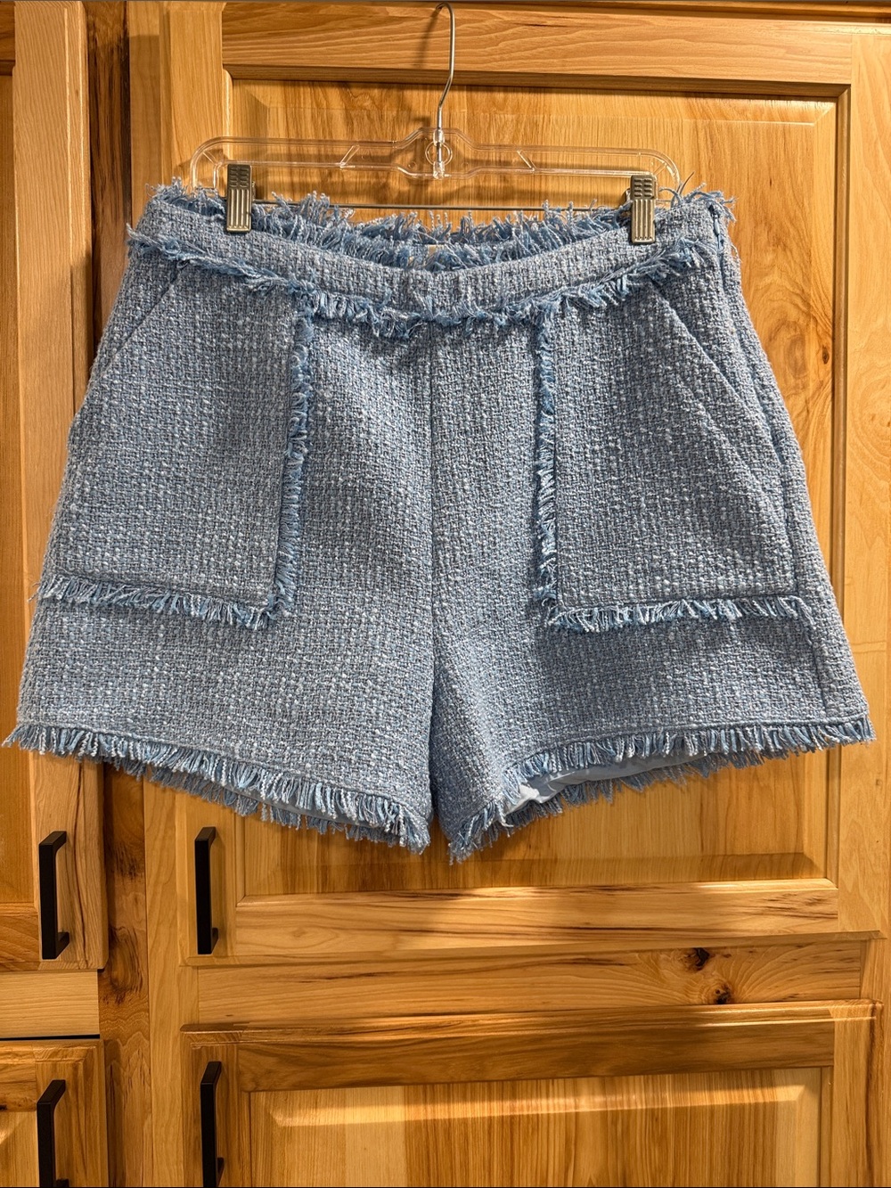 Aaron & Amber Size L Light Blue Fringe Tweed Boucle Old Money Women’s Shorts